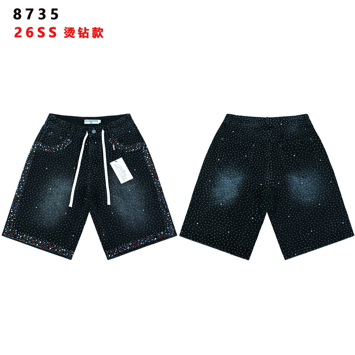 VALLEY Rhinestone Splatter Washed Denim Shorts